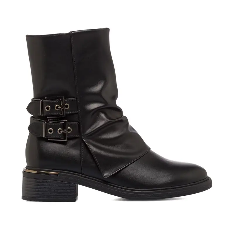 Stivaletti neri bassi biker da donna con maxi risvolto con fibbie