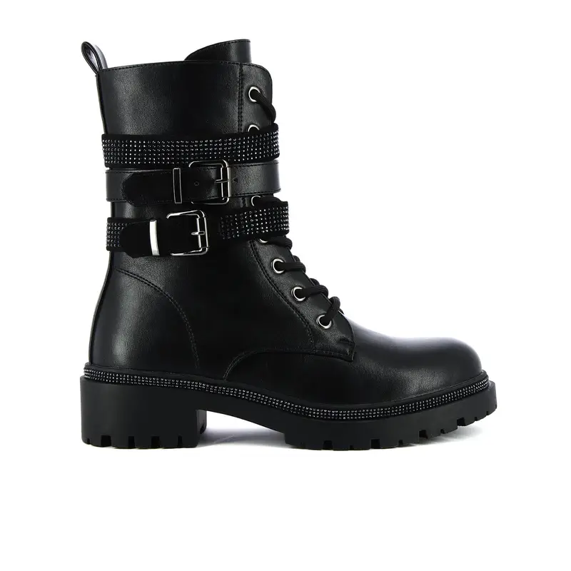 Stivaletti neri bassi modello biker con fibbie con strass