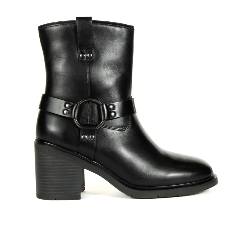 Stivaletti neri in pelle con tacco e fibbie con borchie