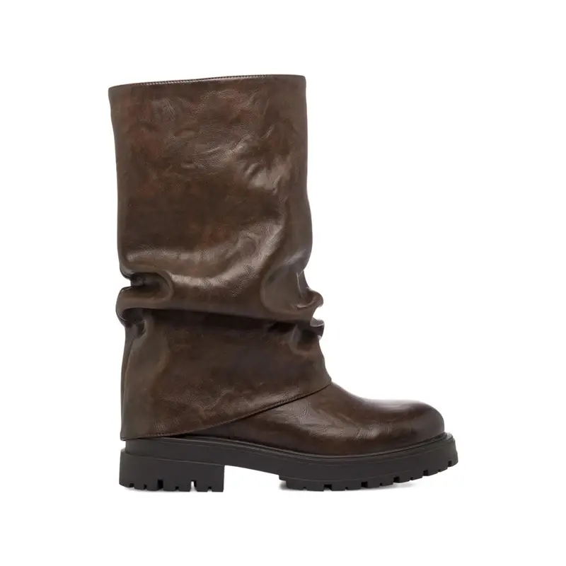 Stivali bassi marroni da donna con maxi risvolto arricciato