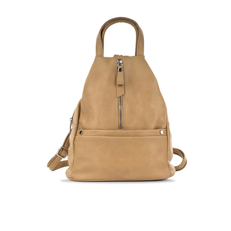 Zaino beige da donna con tasca frontale e zip
