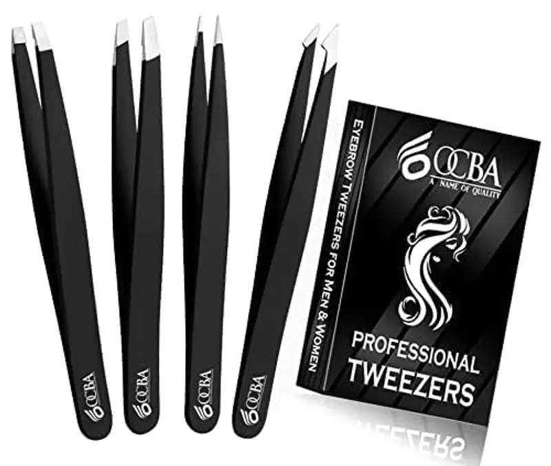 OCBA 4 pezzi Pinzette per sopracciglia professionali Pinzette per sopracciglia con punta in acciaio inossidabile per la rimozione di punti neri Pinzette a punta e angolate (4 P Nero) miniatura 2