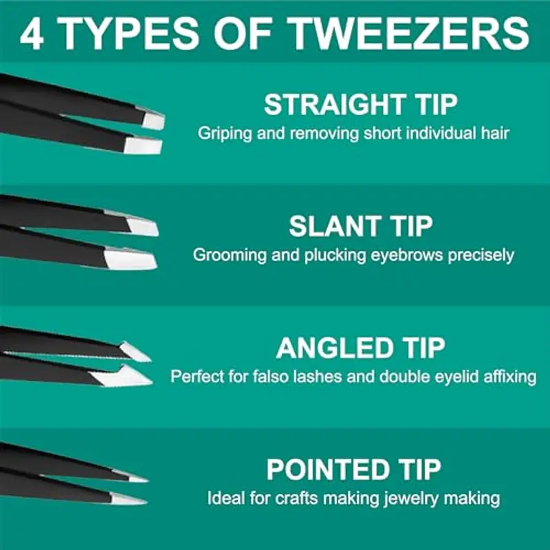 OCBA 4 pezzi Pinzette per sopracciglia professionali Pinzette per sopracciglia con punta in acciaio inossidabile per la rimozione di punti neri Pinzette a punta e angolate (4 P Nero) miniatura 3