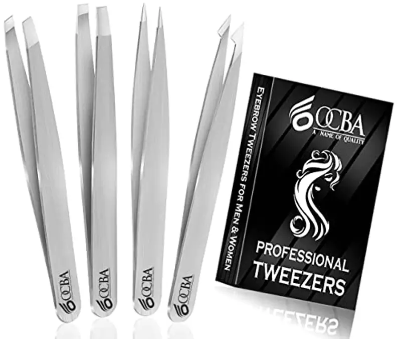 OCBA 4 pinzette argento per peli del viso donne e uomini per la cura precisa delle sopracciglia, pinzette professionali in acciaio inossidabile con rivestimento di colore nero