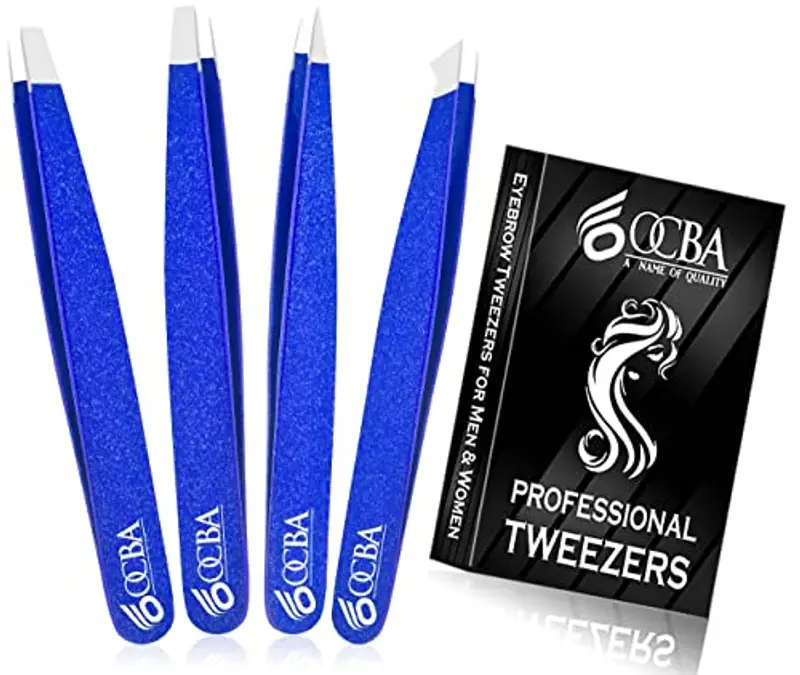 OCBA 4 pinzette blu per peli del viso donne e uomini per la cura precisa delle sopracciglia - Pinzette professionali in acciaio inossidabile con rivestimento di colore nero
