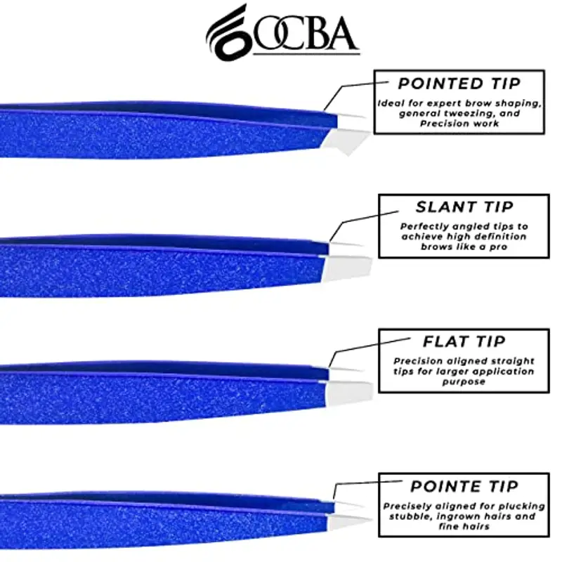 OCBA 4 pinzette blu per peli del viso donne e uomini per la cura precisa delle sopracciglia - Pinzette professionali in acciaio inossidabile con rivestimento di colore nero miniatura 2