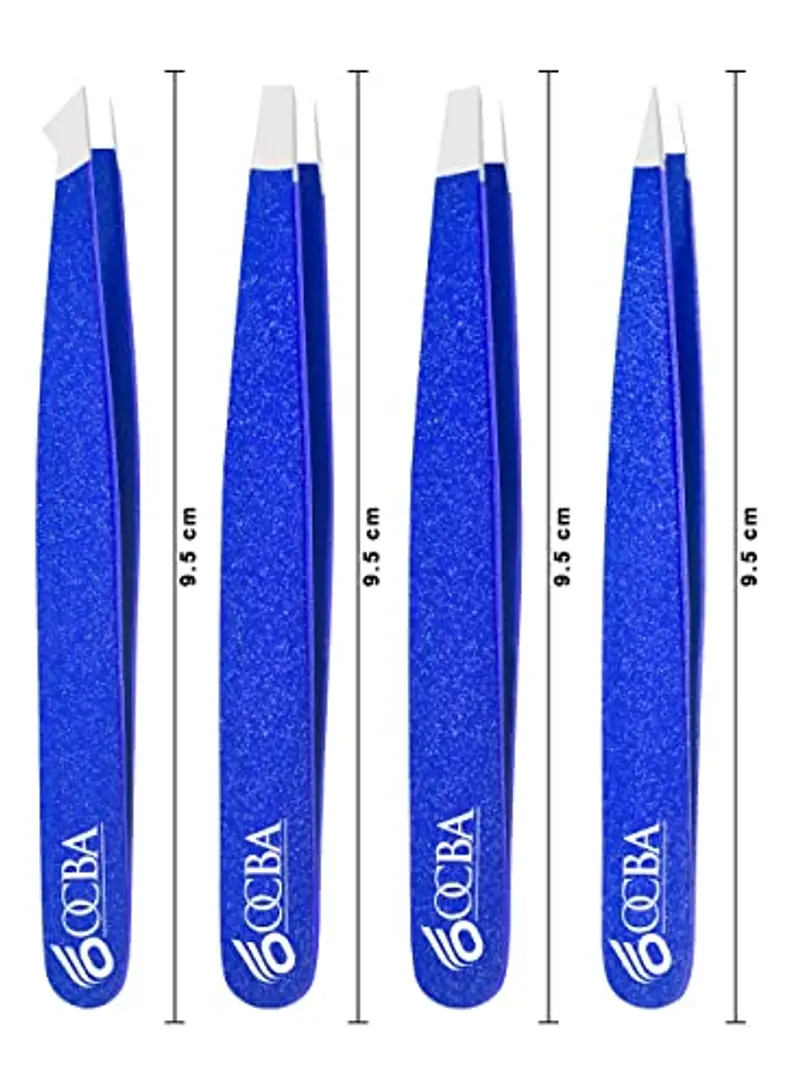 OCBA 4 pinzette blu per peli del viso donne e uomini per la cura precisa delle sopracciglia - Pinzette professionali in acciaio inossidabile con rivestimento di colore nero miniatura 3