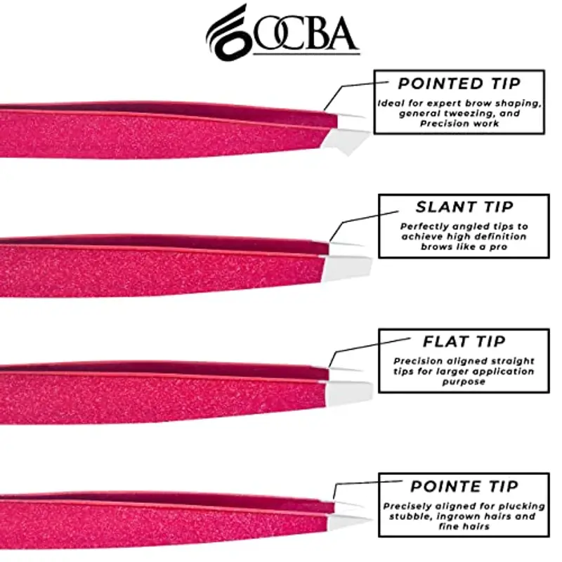 OCBA 4 pinzette rosa per peli del viso donne e uomini per la cura precisa delle sopracciglia, pinzette professionali in acciaio inossidabile con rivestimento di colore nero miniatura 2