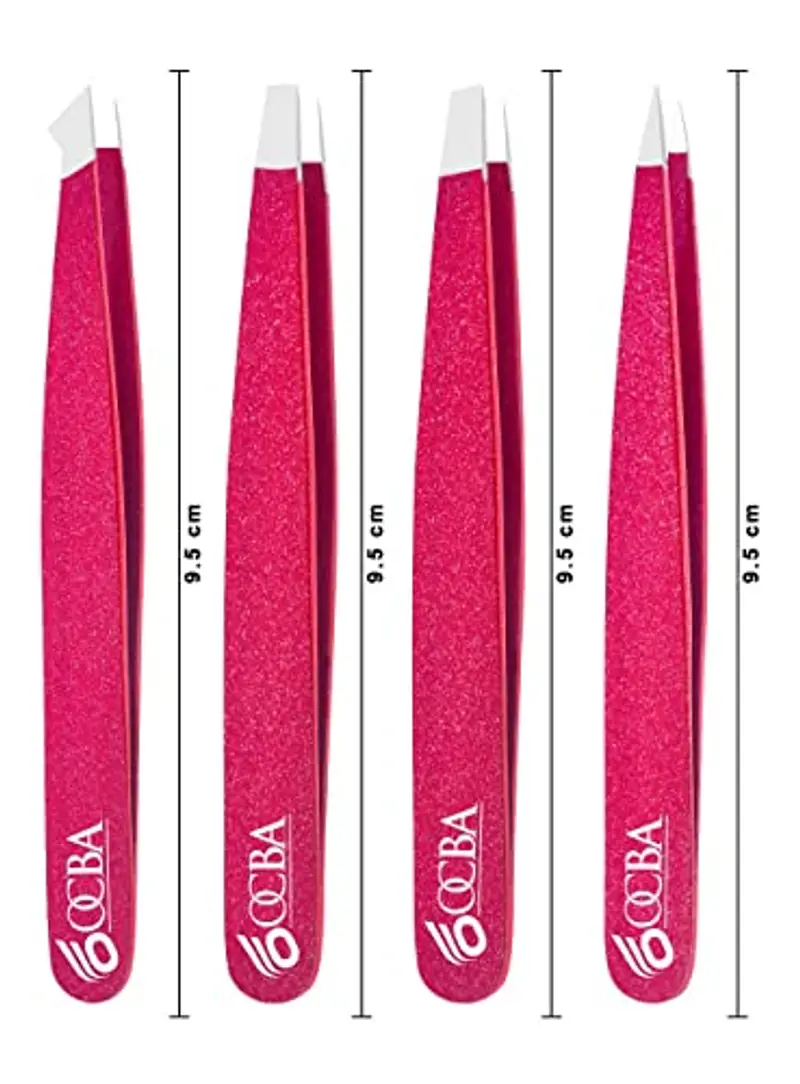 OCBA 4 pinzette rosa per peli del viso donne e uomini per la cura precisa delle sopracciglia, pinzette professionali in acciaio inossidabile con rivestimento di colore nero miniatura 3