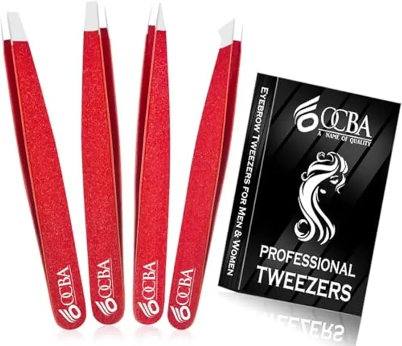 OCBA 4 pinzette rosse per peli del viso donne e uomini per la cura precisa delle sopracciglia, pinzette professionali in acciaio inossidabile con rivestimento di colore nero