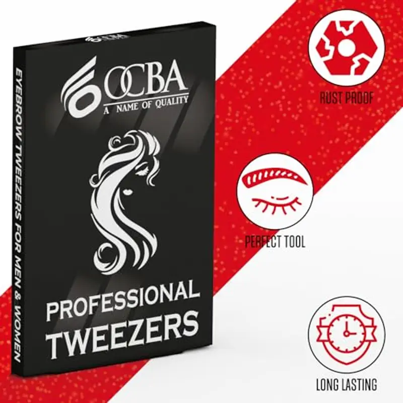 OCBA 4 pinzette rosse per peli del viso donne e uomini per la cura precisa delle sopracciglia, pinzette professionali in acciaio inossidabile con rivestimento di colore nero miniatura 2