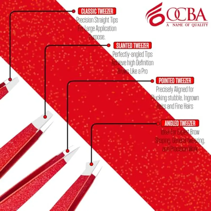 OCBA 4 pinzette rosse per peli del viso donne e uomini per la cura precisa delle sopracciglia, pinzette professionali in acciaio inossidabile con rivestimento di colore nero miniatura 3