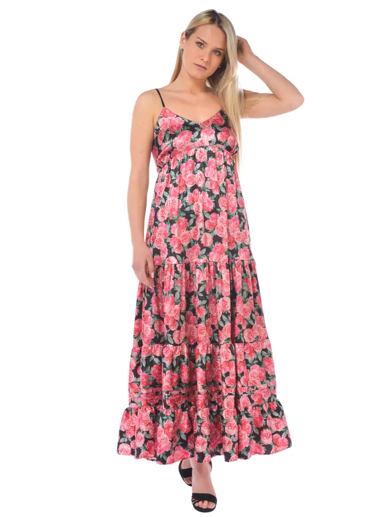 abito lungo da donna Odi Et Amo fantasia floreale con balze NERO