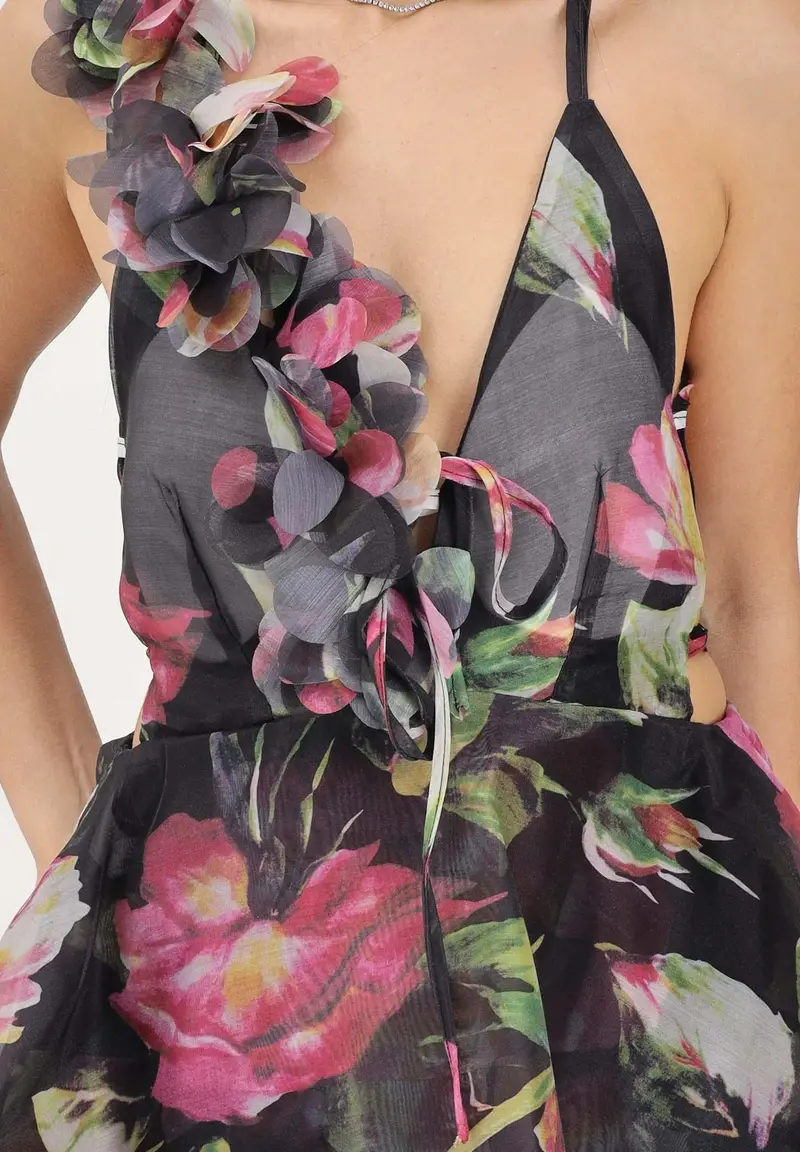 Abito corto nero da donna con stampa floreale miniatura 3