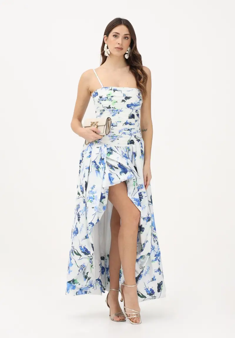 Abito lungo bianco da donna con stampa floreale nei toni del blu miniatura 2