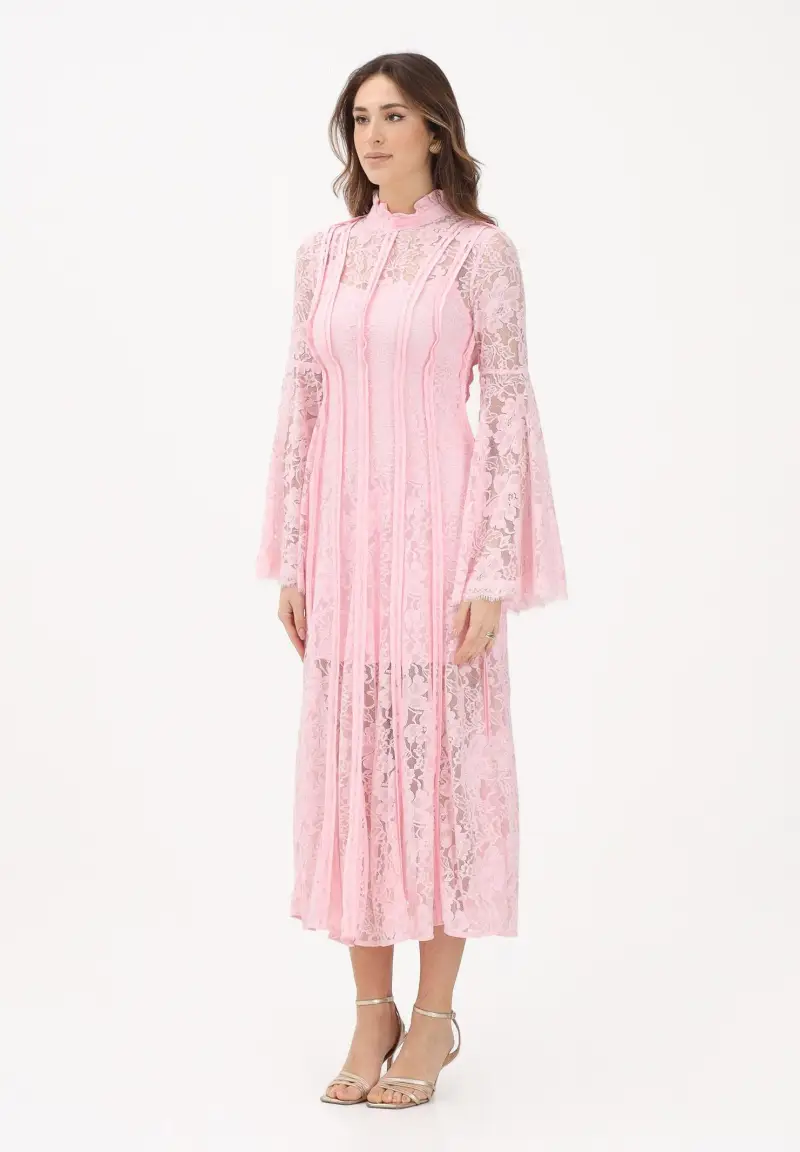 Abito midi rosa da donna realizzato in pizzo floreale