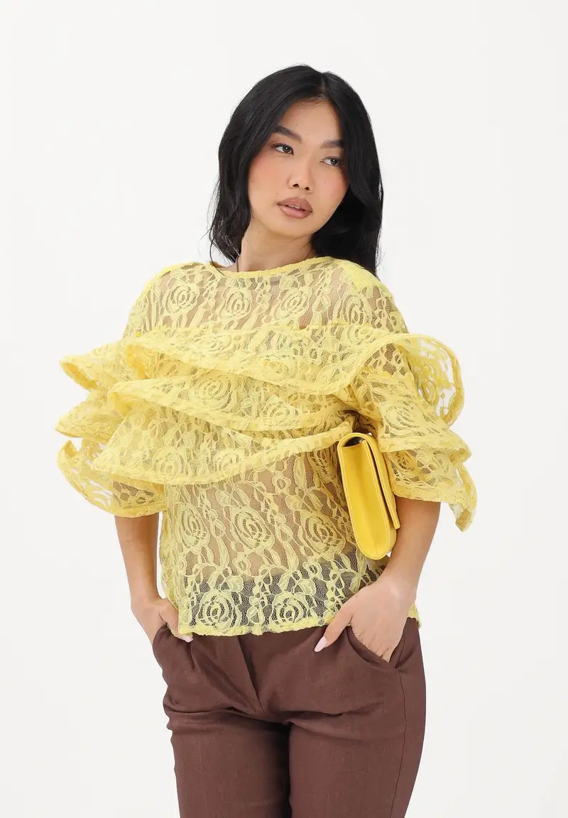 Blusa gialla da donna in pizzo floreale miniatura 2