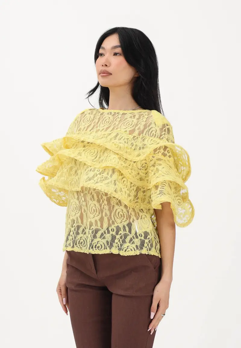 Blusa gialla da donna in pizzo floreale