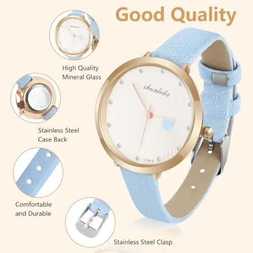 OFFCUP Orologio Da Donna, Al Quarzo Analogico, Pelle Blu, Classico Business Casual miniatura 3