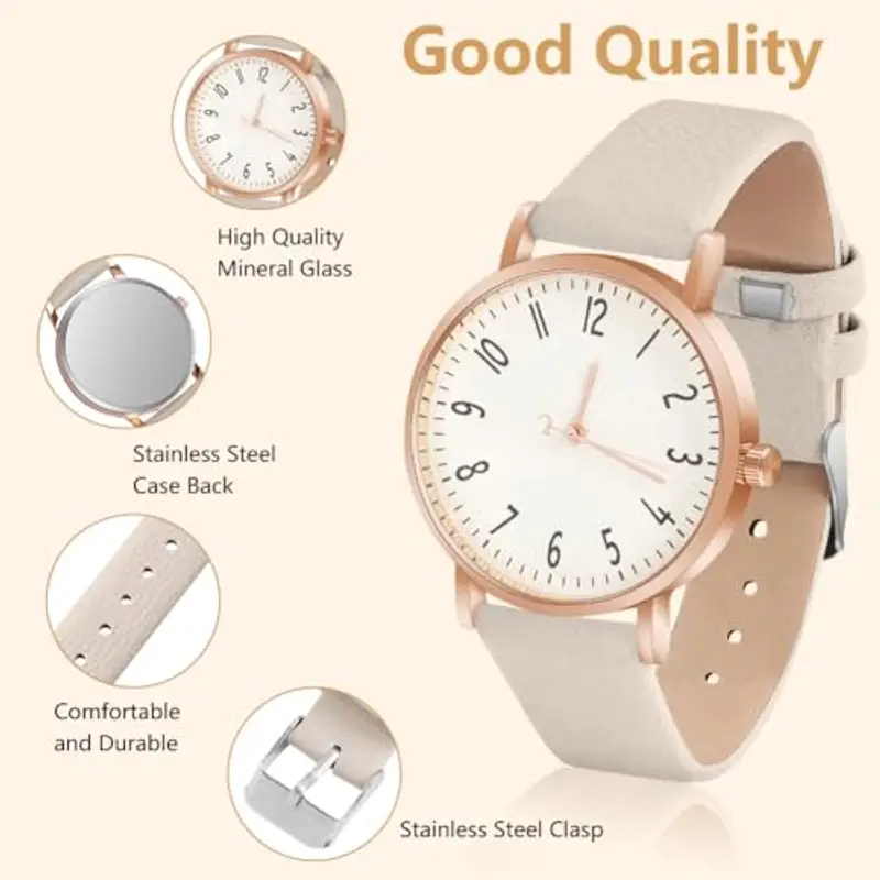 OFFCUP Orologio da Donna, Orologio Analogico al Quarzo Donna, Orologio da Polso Donna Con Cinturino in Pelle Classico Business Casual, Movimento a Tre Lancette -Beige miniatura 3