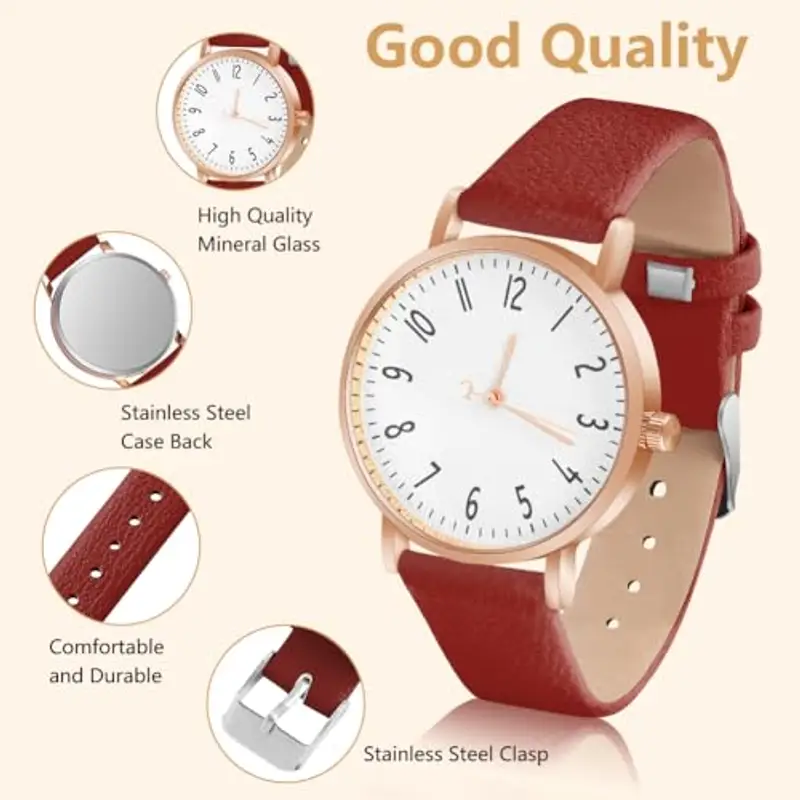 OFFCUP Orologio da Donna, Orologio Analogico al Quarzo Donna, Orologio da Polso Donna Con Cinturino in Pelle Classico Business Casual, Movimento a Tre Lancette -Rosso miniatura 3