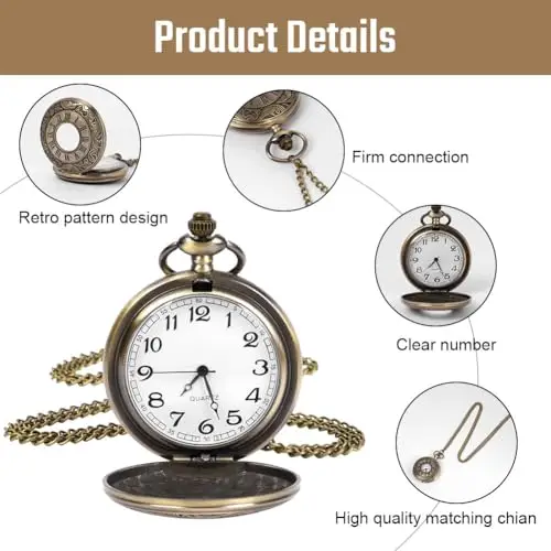 OFFCUP Orologio da Tasca Numeri Romani, Orologio da Taschino Uomo con Catena Vintage Quarzo da Tasca Collana Ideale miniatura 3