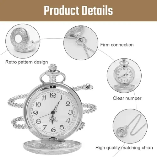 OFFCUP Orologio da Tasca Numeri Romani, Orologio da Taschino Uomo con Catena Vintage Quarzo da Tasca Collana Ideale miniatura 3
