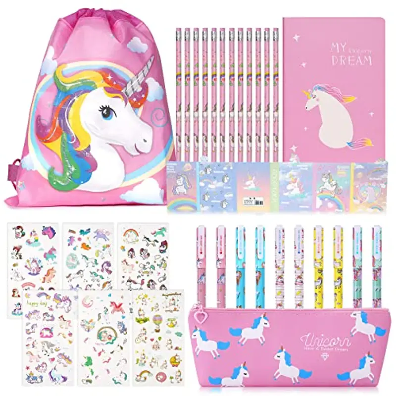 OFFCUP Set Cancelleria Unicorno, 32Pcs Cancelleria per Unicorno, Unicorno per Regalo Bambina, Astuccio con Motivo Unicorno, Penne Colorate, Matite, Quaderni, Adesivi, Bambina Regalo (Unicorno)