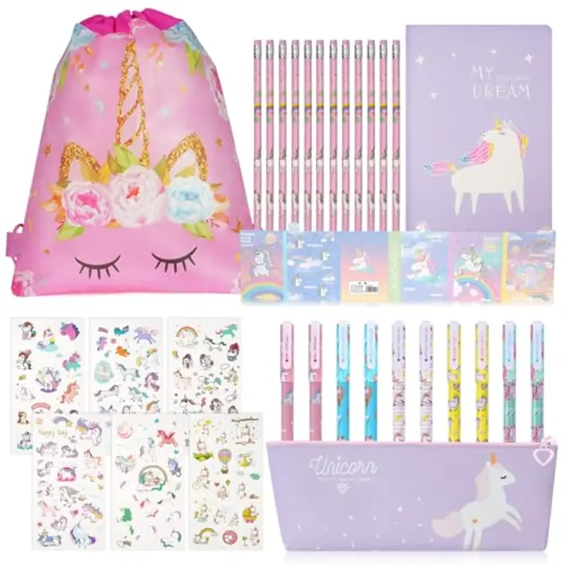 OFFCUP Set Cancelleria Unicorno, 32Pcs Cancelleria per Unicorno, Unicorno per Regalo Bambina, Astuccio con Motivo Unicorno, Penne Colorate, Matite, Quaderni, Adesivi (Corno di Unicorno)