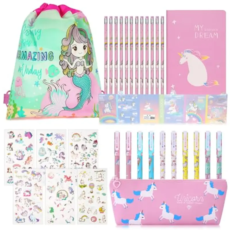 OFFCUP Set Cancelleria Unicorno, 32Pcs per Regalo Bambina, Astuccio con Motivo, Penne Colorate, Matite, Quaderni, Adesivi (La Sirena)