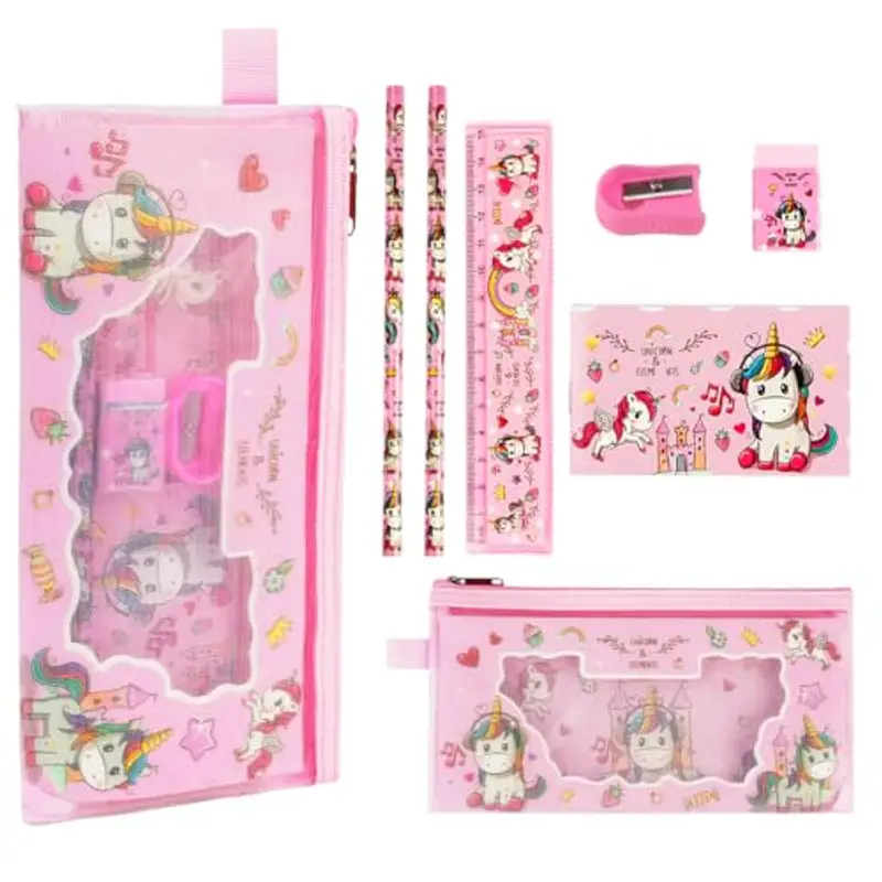 OFFCUP Set Di Cancelleria per Unicorno, Cancelleria per Regalo Bambina, Regalo Di Compleanno per Bambini, Include 2 Matite, Righelli, Gomma, Temperamatite e Taccuino per Bambina Regalo di Natale