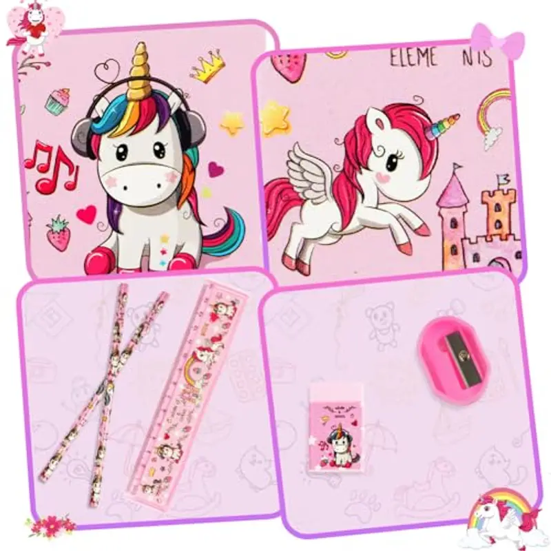 OFFCUP Set Di Cancelleria per Unicorno, Cancelleria per Regalo Bambina, Regalo Di Compleanno per Bambini, Include 2 Matite, Righelli, Gomma, Temperamatite e Taccuino per Bambina Regalo di Natale miniatura 3