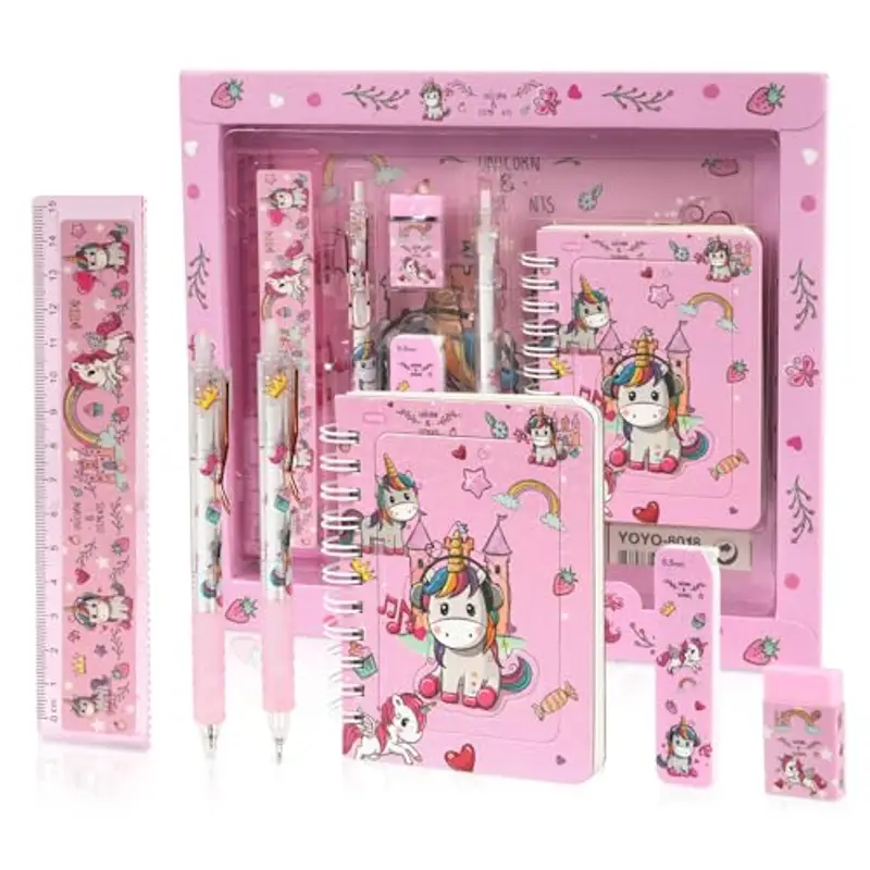 OFFCUP Set Di Cancelleria per Unicorno, Cancelleria per Regalo Bambina, Regalo Di Compleanno per Bambini, Include Penna Gel, Portamine, Righelli, Gomma, Temperamatite e Taccuino per Bambina Regalo