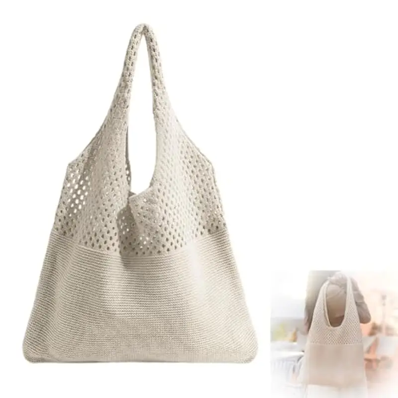 OHREN borsa mare all'uncinetto donna, borsa Boho estiva, leggera tote bag in rete beige per vacanze e uso quotidiano