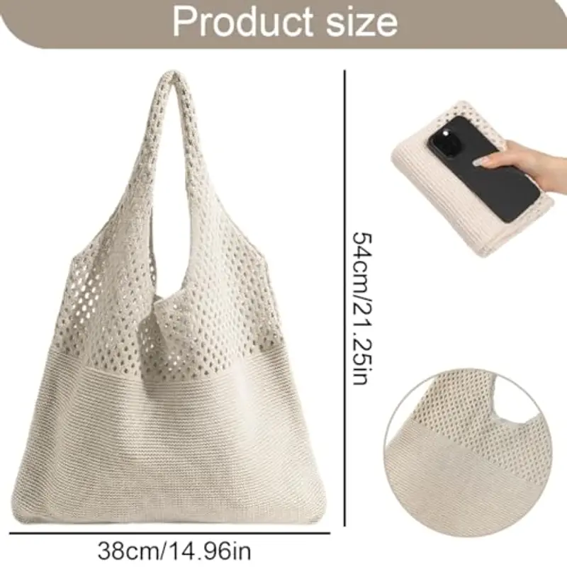 OHREN borsa mare all'uncinetto donna, borsa Boho estiva, leggera tote bag in rete beige per vacanze e uso quotidiano miniatura 2
