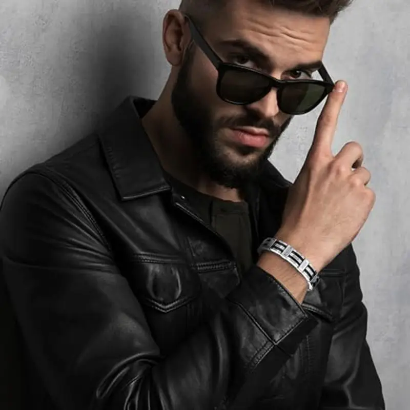 OIDEA Bracciale Braccialetto per Uomo Braccialetto Catena in Acciaio Inox Nero Argento miniatura 3