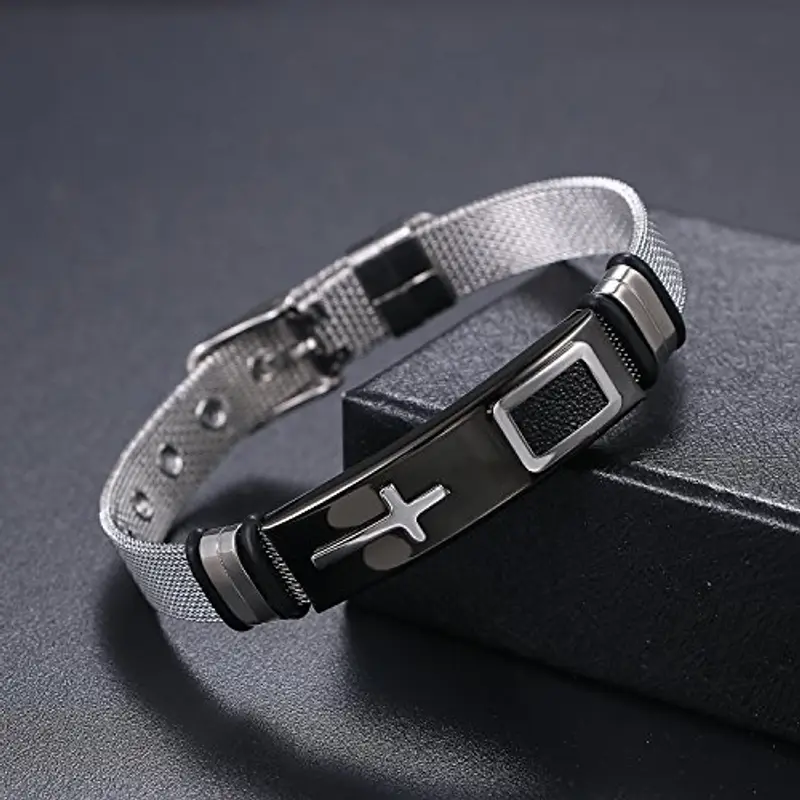 OIDEA Bracciale Braccialetto per Uomo Braccialetto Catena in Acciaio Inox Nero Argento Oro (Argento Croce) miniatura 2