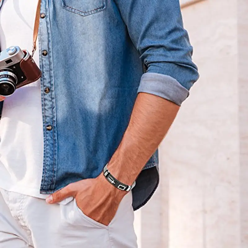 OIDEA Bracciale Braccialetto per Uomo Braccialetto Catena in Acciaio Inox Nero Argento Oro (Argento Croce) miniatura 3