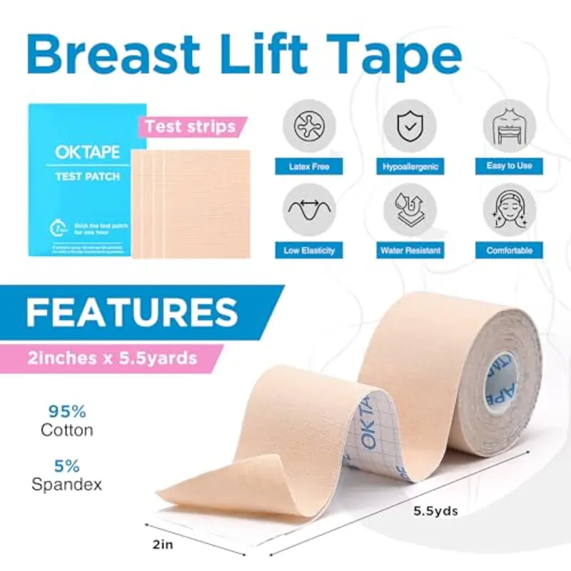OK TAPE Nastro Adesivo Seno Boob Tapes Reggiseno Nastro Adesivo per Vestiti Nastro con 5 Paia di Copricapezzoli Set Nastro Invisibile per Abbigliamento, 5cm x 5m, Rosa miniatura 2