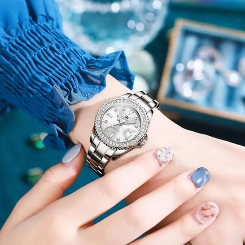 OLEVS Argento Orologio Donna Moda Delicato Diamante Acciaio Inossidabile Orologio da Polso Donna Luminoso Impermeabile miniatura 2