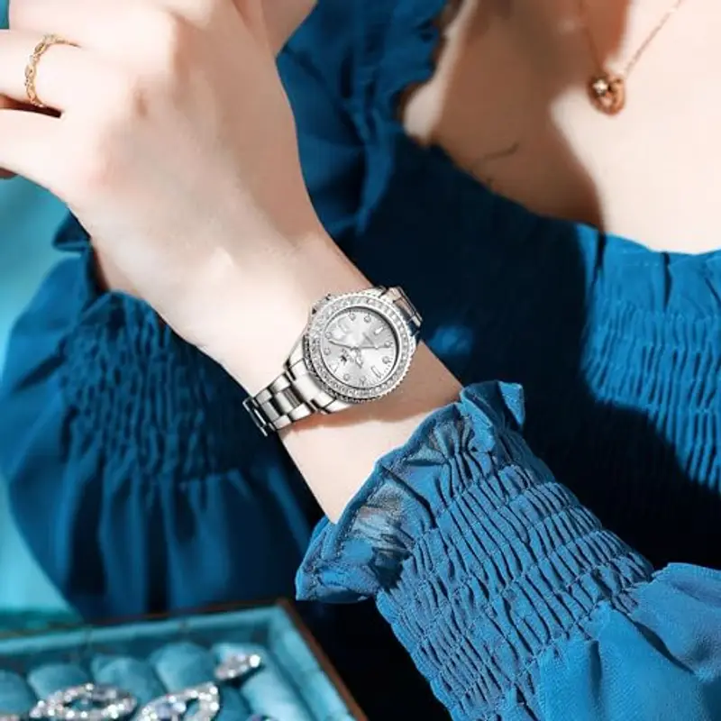 OLEVS Argento Orologio Donna Moda Delicato Diamante Acciaio Inossidabile Orologio da Polso Donna Luminoso Impermeabile miniatura 3