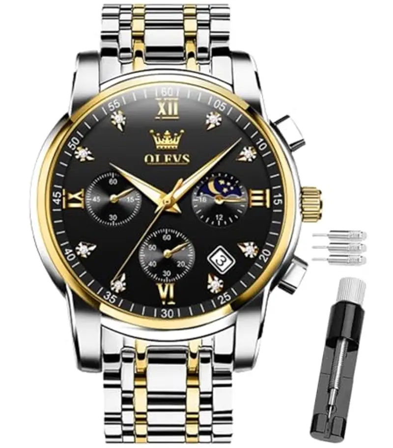 OLEVS Male Wrist Watches, Analog Quartz Business Stainless Steel Waterproof Luminous Watches Luxury Casual Big Diamond Dial Date Multi-Function Chronograph Watches for Man…