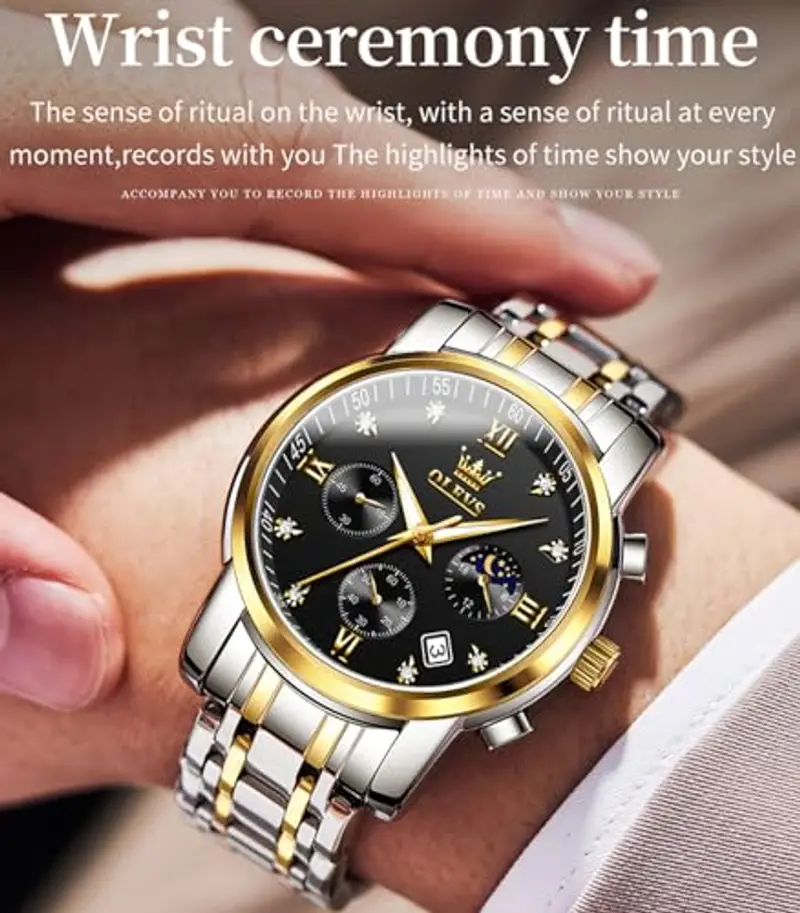 OLEVS Male Wrist Watches, Analog Quartz Business Stainless Steel Waterproof Luminous Watches Luxury Casual Big Diamond Dial Date Multi-Function Chronograph Watches for Man… miniatura 2