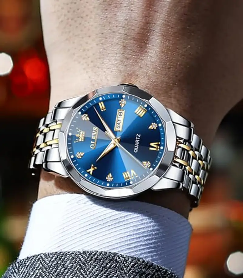 OLEVS Orologio da uomo con diamanti per affari, orologio analogico al quarzo in acciaio inossidabile, impermeabile, luminoso, con data, due toni, orologio da polso casual di lusso miniatura 3