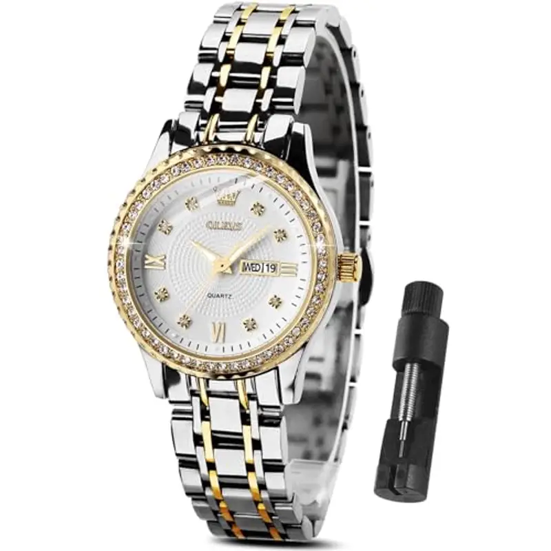 OLEVS Orologio Donna Bicolore Elegante Diamante Acciaio Inossidabile Orologio da Polso Donna Luminoso Impermeabile con
