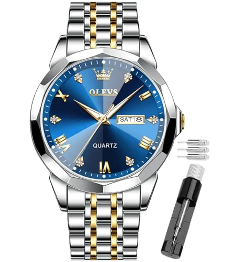 OLEVS Watch for Men Diamond Business Dress Analog Quartz Stainless Steel Waterproof Luminous Date Two Tone Luxury Casual Wrist Watch, Blue Watch for Men…
