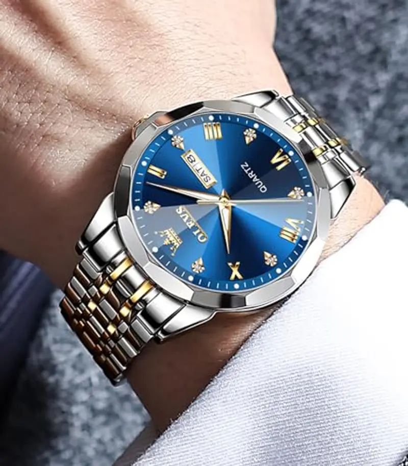 OLEVS Watch for Men Diamond Business Dress Analog Quartz Stainless Steel Waterproof Luminous Date Two Tone Luxury Casual Wrist Watch, Blue Watch for Men… miniatura 2