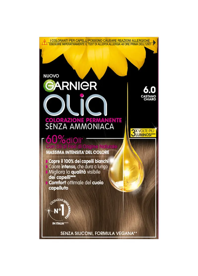 OLIA', Garnier Tinta Capelli Olia, Colorazione Permanente Senza Ammoniaca, Copre Il 100% Dei Capelli Bianchi, Con Oli Di Fiori Di Origine Naturale, Castano Chiaro (6.0)., Donna, 6.0 Castano Chiaro, Taglia: FASUL