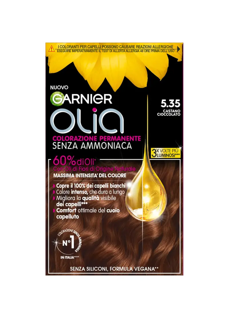 OLIA', Garnier Tinta Capelli Olia, Colorazione Permanente Senza Ammoniaca, Copre Il 100% Dei Capelli Bianchi, Con Oli Di Fiori Di Origine Naturale, Castano Cioccolato (5.35)., Donna, 5.35 Castano Cioccolato, Taglia: FASUL