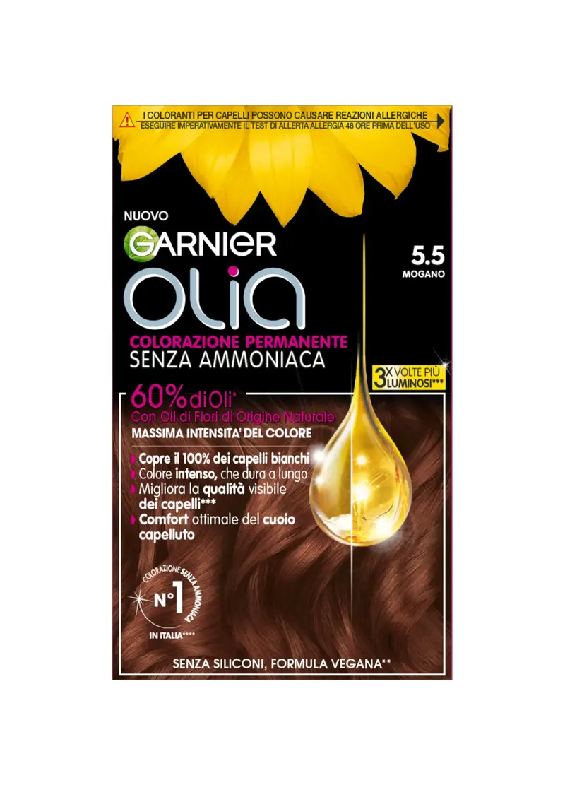 OLIA', Garnier Tinta Capelli Olia, Colorazione Permanente Senza Ammoniaca, Copre Il 100% Dei Capelli Bianchi, Con Oli Di Fiori Di Origine Naturale, Mogano (5.5)., Donna, 5.5 Mogano, Taglia: FASUL